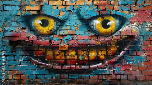 brick wall with a piece of street art that has simply brought a smile to people's faces, adding a touch of joy and lightheartedness to their everyday lives.stock photo photo