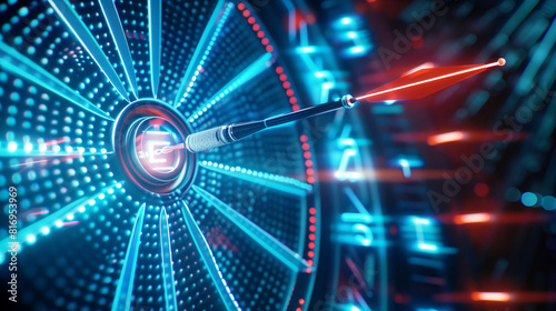 Close-up of an illuminated electronic dartboard with a dart hitting the bullseye  showcasing precision and focus in a futuristic setting.