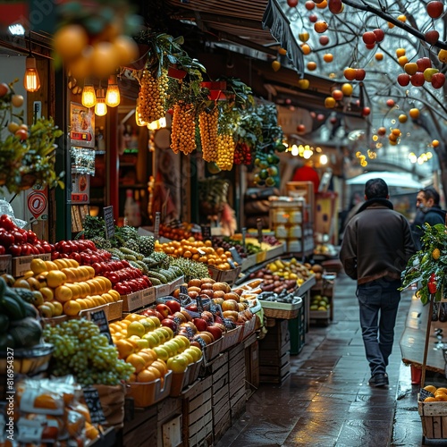 A man walks down a street with a market full of fresh fruits and vegetables