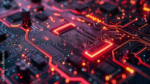 Closeup of a microchip circuit board, intricate details highlighted with neon accents, against a dark abstract background Hightech, digital art