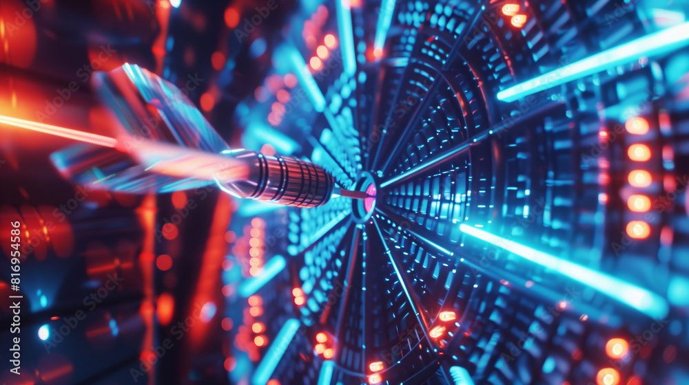 A close-up of a dart hitting the bullseye on an illuminated dartboard with futuristic neon lights in shades of blue and red. A close-up of a dart hitting the bullseye on an illuminated dartboard with futuristic neon lights in shades of blue and red.