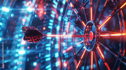 Close-up of a dart hitting the bullseye on a brightly lit dartboard with futuristic  neon colors. The image conveys precision  accuracy  and success.