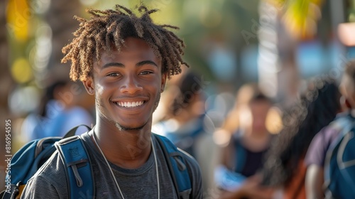 student smiling excitedly while walking to school on the first day of the new academic year, carrying a backpack and books.illustration image photo