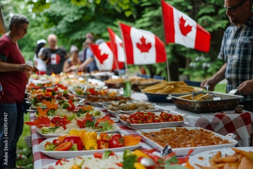 People in Canada preparing and enjoying traditional Canadian cuisine during a festive outdoor market with canadian flags