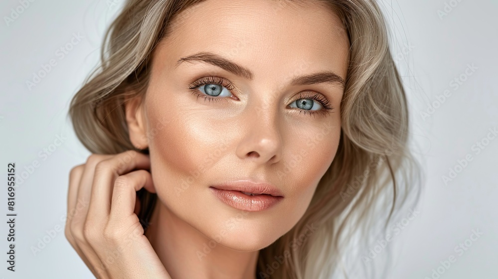 A woman with long blonde hair and blue eyes is wearing makeup A woman with long blonde hair and blue eyes is wearing makeup