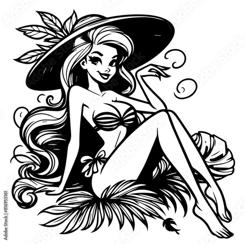 retro pinup girl tropical vacation, black vector transparent, pin-up woman nocolor silhouette sketch vintage illustration, comic character shape for laser cutting engraving print © Malgo