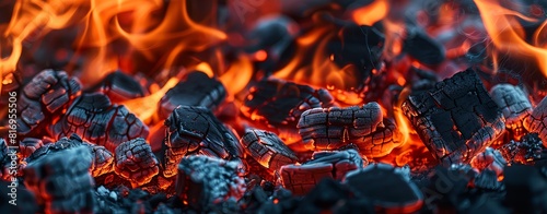 Close up of glowing hot coals and flames in the fire pit for grilling  commercial photo background