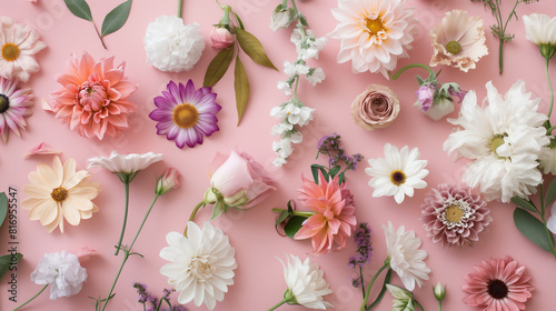 Layout criativo feito de várias flores. Buquê de cores delicadas e planas photo