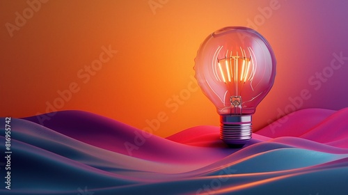 light bulb with a glowing filament stands out against a red background