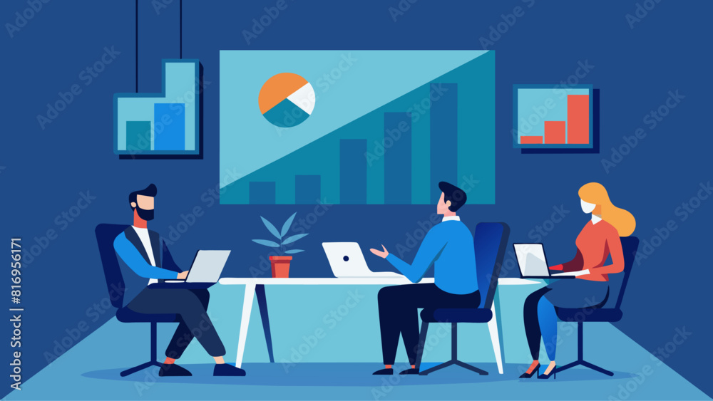 A vibrant illustration capturing a business team in the midst of a strategic analytics meeting A vibrant illustration capturing a business team in the midst of a strategic analytics meeting
