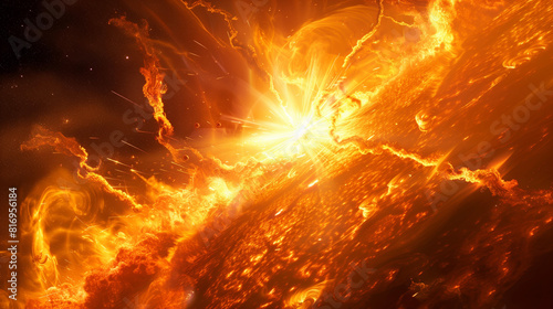 A close-up depiction of a solar flare or explosion on the sun, showcasing vivid, fiery colors and intense energy with bright, dynamic eruptions and swirling plasma.