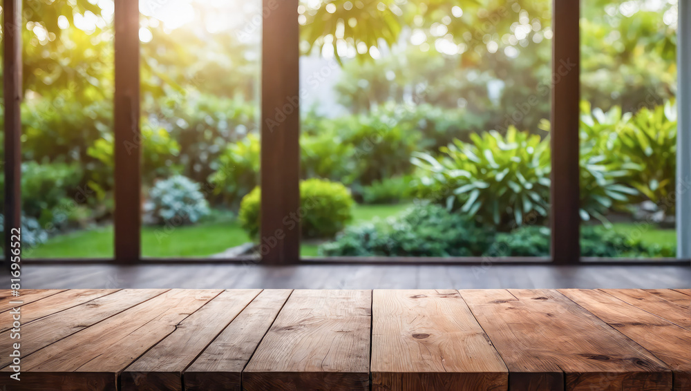 Nature background with wooden table in garden with bokeh in spring summer setting. Nature background with wooden table in garden with bokeh in spring summer setting.