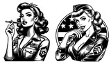 cute retro pinup sexy girl, black vector transparent, beauty pin-up woman silhouette graphic illustration, comic style female character clipart shape laser cutting engraving print