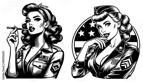 cute retro pinup sexy girl, black vector transparent, beauty pin-up woman silhouette graphic illustration, comic style female character clipart shape laser cutting engraving print