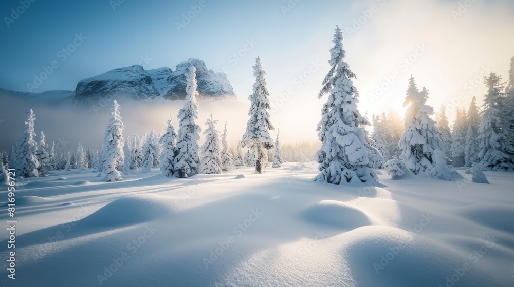 Snowy forest with a stone monument for winter or nature themed designs