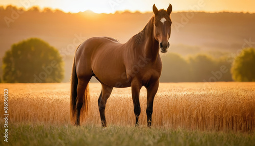 A horse standing calmly in a vast field under the warm hues of a setting sun