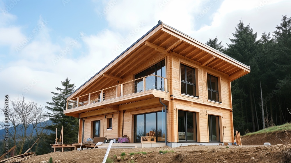 Unfinished wooden house on a plot against the backdrop of a construction site Unfinished wooden house on a plot against the backdrop of a construction site