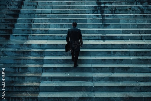businessman with briefcase in his hand walking down steps