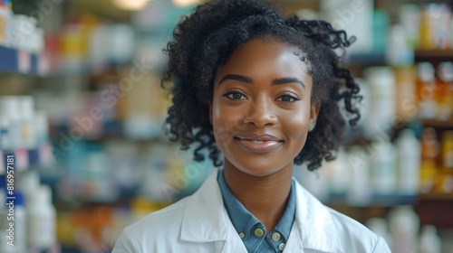 portrait of a beautiful smiling African American female pharmacist looking at the camera while in a pharmacy against the background of drugs