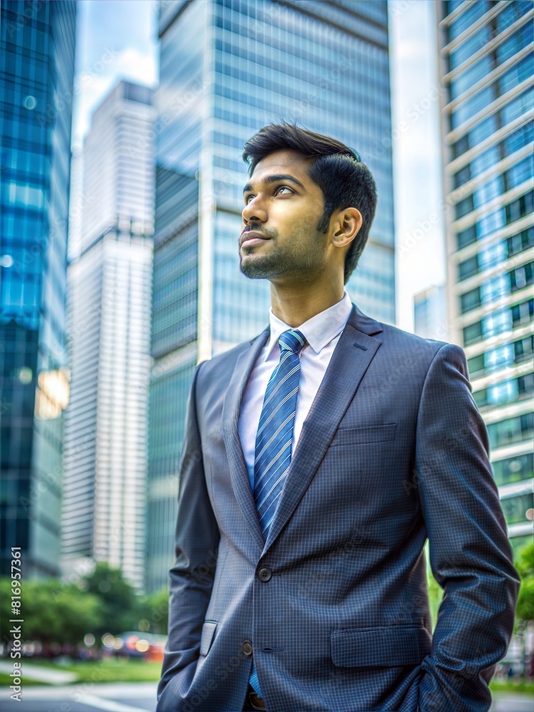 Confident rich eastern indian business man executive standing in modern big city looking and dreaming of future business success, thinking of new goals, business vision and leadership concept. Confident rich eastern indian business man executive standing in modern big city looking and dreaming of future business success, thinking of new goals, business vision and leadership concept.