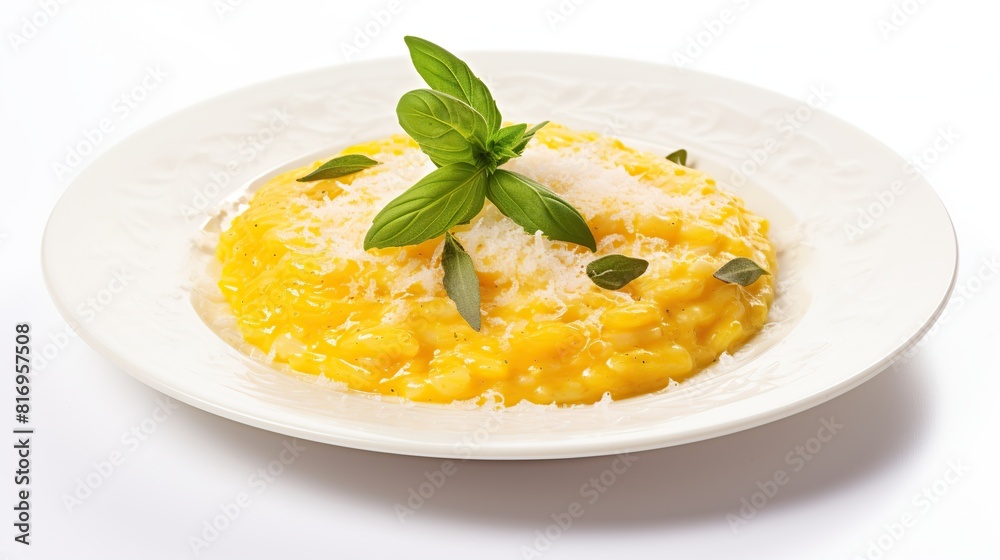 Risotto alla milanese with meat ragu. Saffron risotto with lamb meat isolated on white background Risotto alla milanese with meat ragu. Saffron risotto with lamb meat isolated on white background