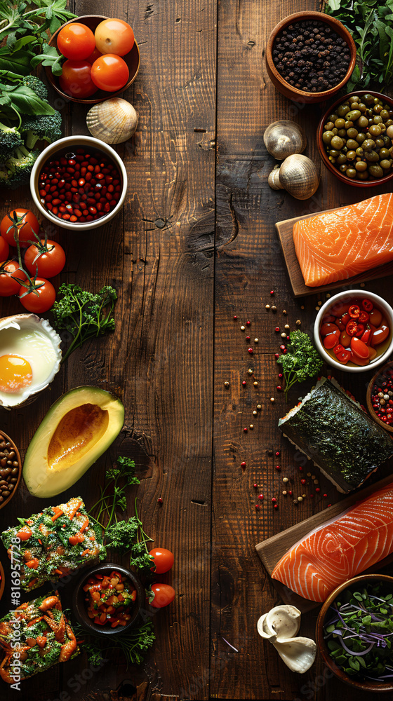 Top view of sea foods,super foods, in a wood table, empty space un the middle for text_6 Top view of sea foods,super foods, in a wood table, empty space un the middle for text_6
