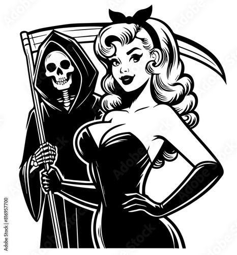 pinup sexy girl halloween grim reaper, black vector transparent background, beauty pin-up woman silhouette graphic illustration © Malgo