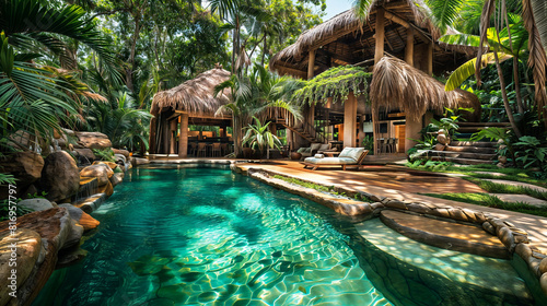 A tropical paradise retreat with a palm fringed infinity pool  lush jungle landscaping  and a thatched roof cabana for lounging
