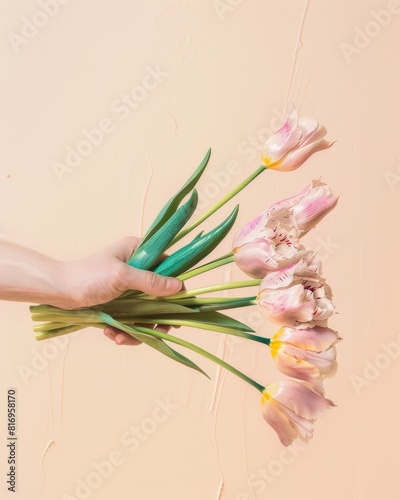 Middle-Aged Man s Hand Presenting Pink Tulips Against Soft Yellow Background - Bright  Natural Light Springtime Concept