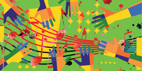 Music background with colorful G-clef, music notes and hands vector illustration design.