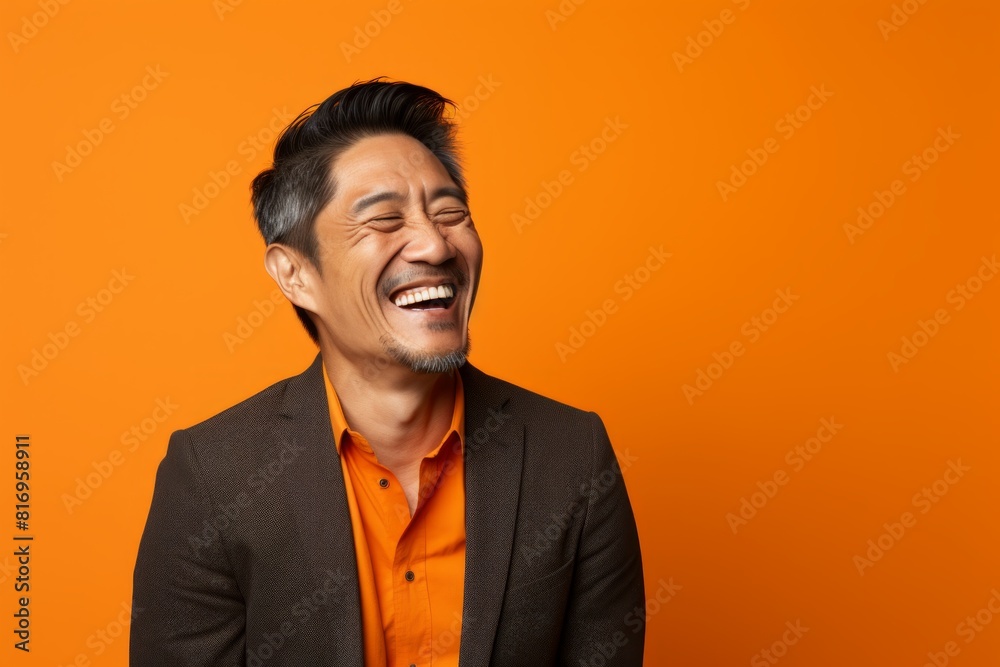 Portrait of a glad asian man in his 40s laughing while standing against soft orange background Portrait of a glad asian man in his 40s laughing while standing against soft orange background