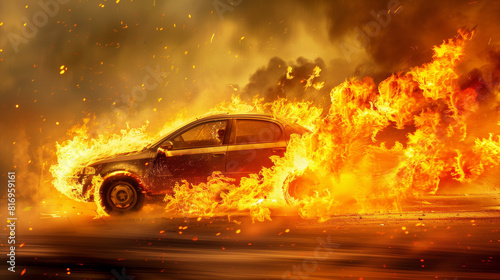 A car engulfed in flames driving through a fiery environment. The intense fire and dramatic lighting create a chaotic  high-action scene.