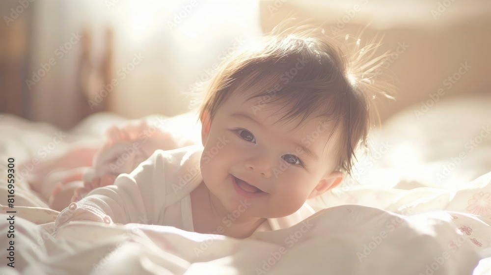 Innocent baby girl lying down, sunlight caressing her face, showcasing a genuine smile and playful aura.
