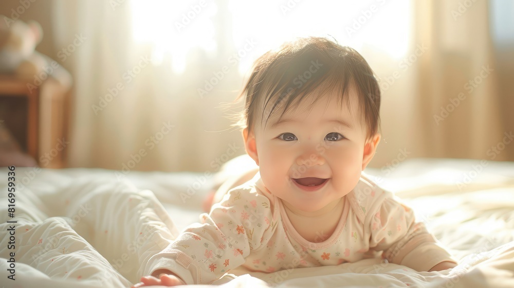 Innocent baby girl lying down, sunlight caressing her face, showcasing a genuine smile and playful aura. Innocent baby girl lying down, sunlight caressing her face, showcasing a genuine smile and playful aura.