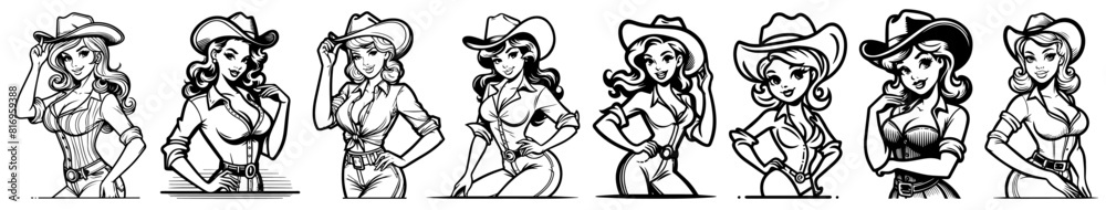 country cowgirl retro pinup girl, black vector transparent, pin-up woman nocolor silhouette sketch vintage illustration, comic character shape for laser cutting engraving print