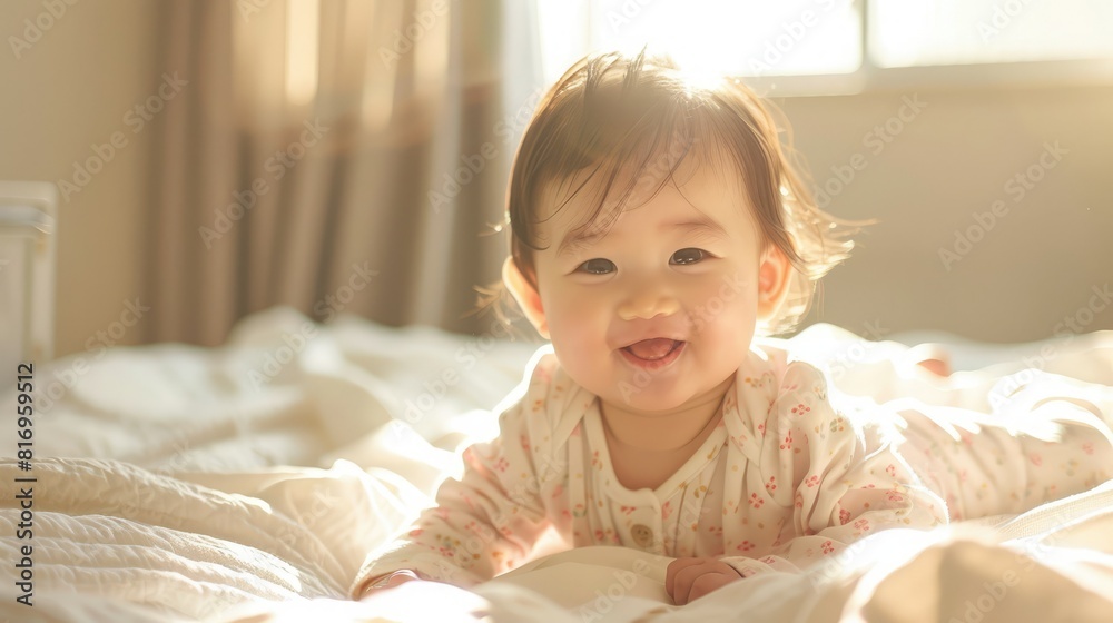 Charming baby girl on bed, embraced by soft sunlight, beaming with honest smile and playful vibes. Charming baby girl on bed, embraced by soft sunlight, beaming with honest smile and playful vibes.