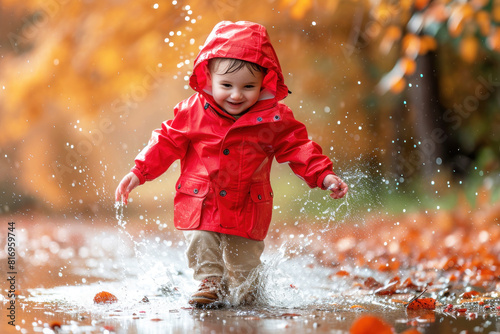 Joyful Toddler in Red Raincoat Splashing in Puddle on Autumn Day © Petro
