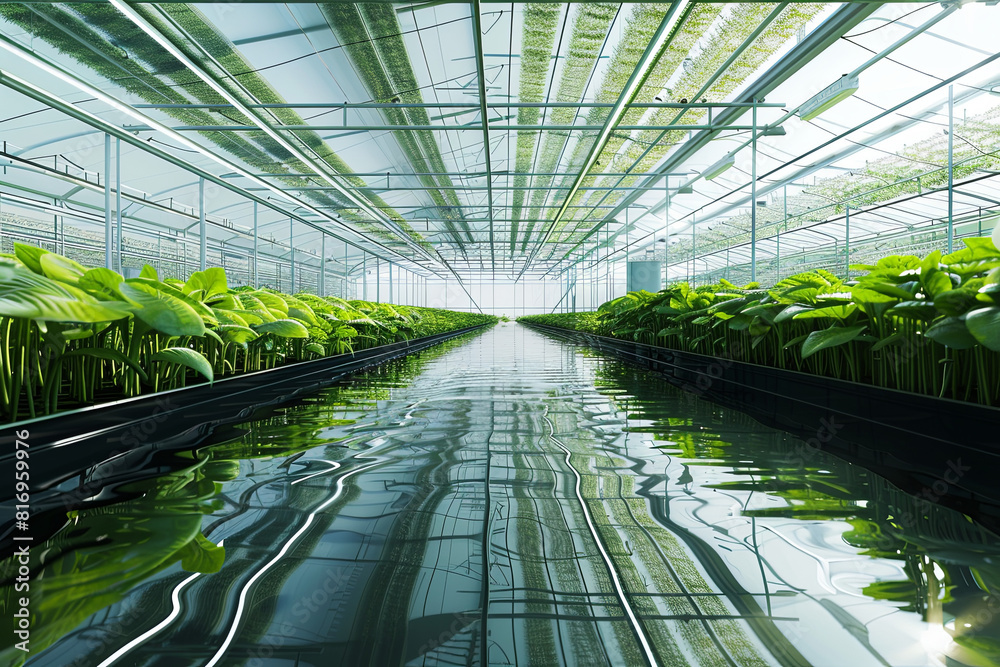 A dynamic image of the interior of an algae farm, emphasizing sustainable techniques and the nutritional potential of algae, under a reflective sky A dynamic image of the interior of an algae farm, emphasizing sustainable techniques and the nutritional potential of algae, under a reflective sky