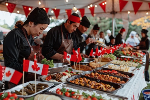People in Canada preparing and enjoying traditional Canadian cuisine during a festive outdoor market