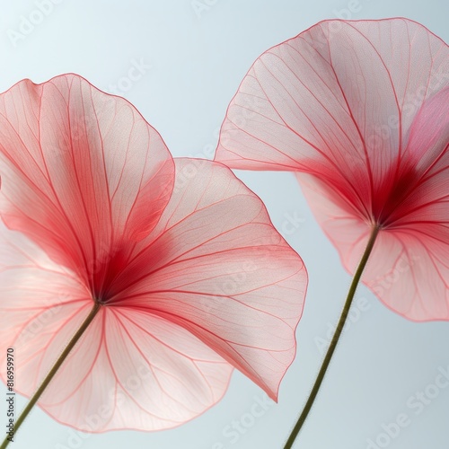 two pink hibiscus on a blue background. close-up