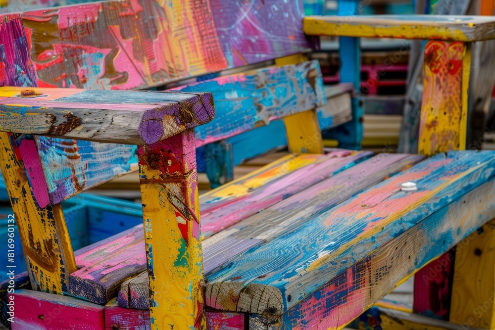 Fototapeta premium Vibrant handpainted benches and table set exhibiting a mix of colorful abstract patterns