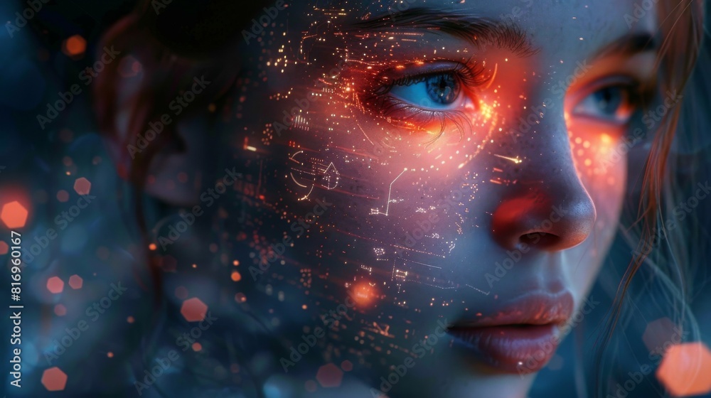 Close-up of womans face integrated with digital grid representing ai technology in a futuristic setting at night Close-up of womans face integrated with digital grid representing ai technology in a futuristic setting at night
