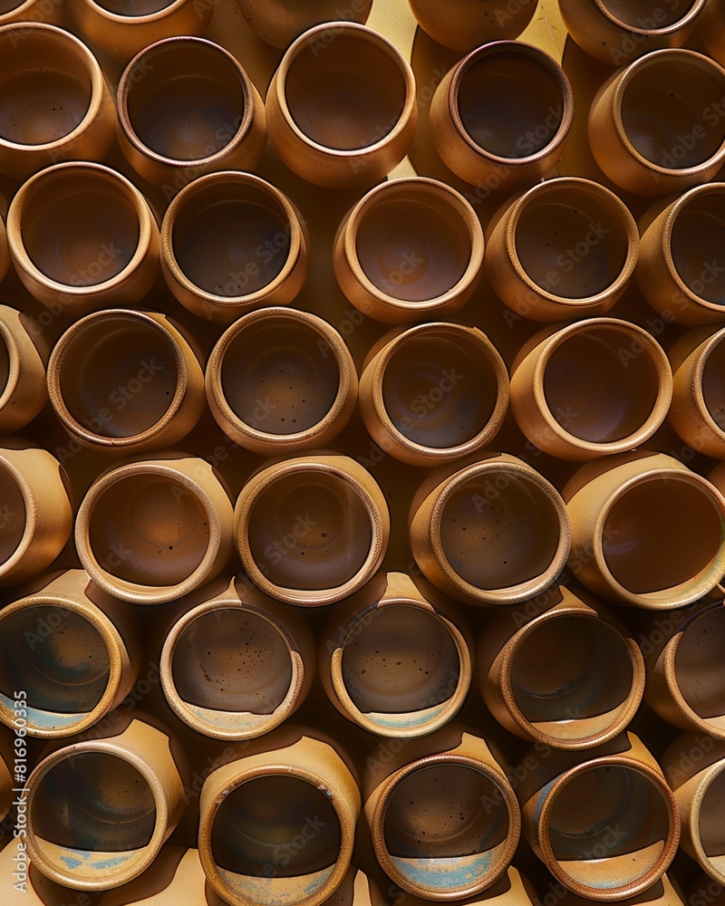 Intricate Symmetrical Pattern of Ceramic Cups From Above: A Study of Geometric Design and Textural Depth in Natural Lighting Intricate Symmetrical Pattern of Ceramic Cups From Above: A Study of Geometric Design and Textural Depth in Natural Lighting