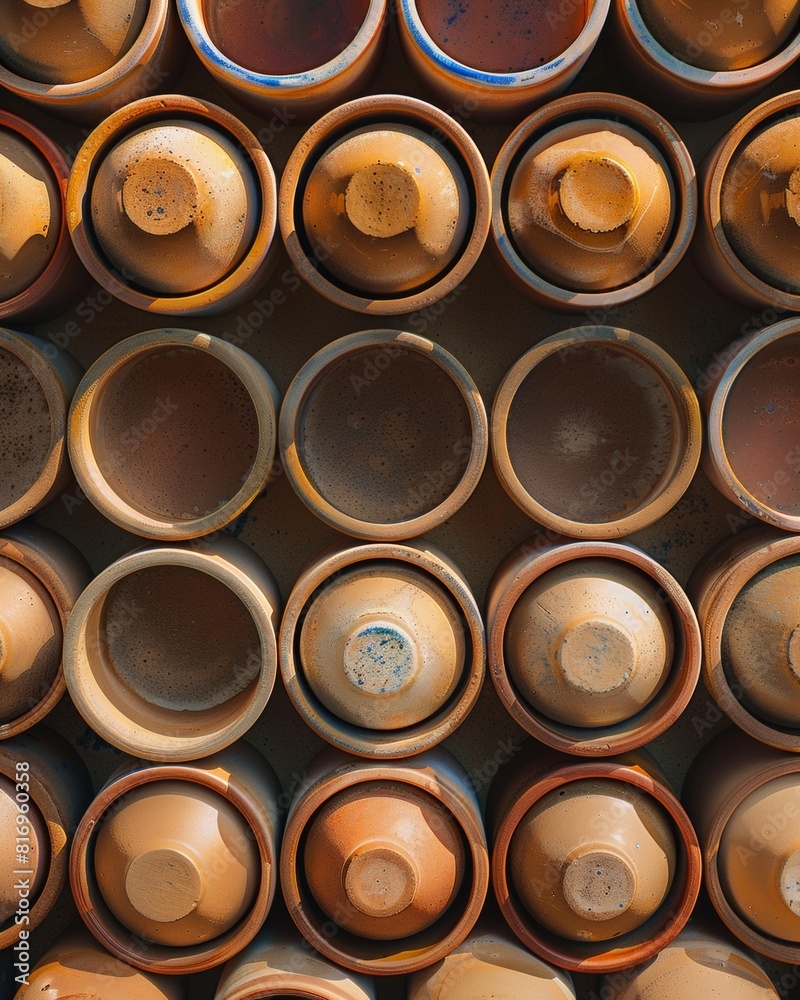 Warm Light-infused Aerial View of Symmetrical Light Brown Ceramic Cups, Emphasizing Geometric Patterns and Textured Background Warm Light-infused Aerial View of Symmetrical Light Brown Ceramic Cups, Emphasizing Geometric Patterns and Textured Background