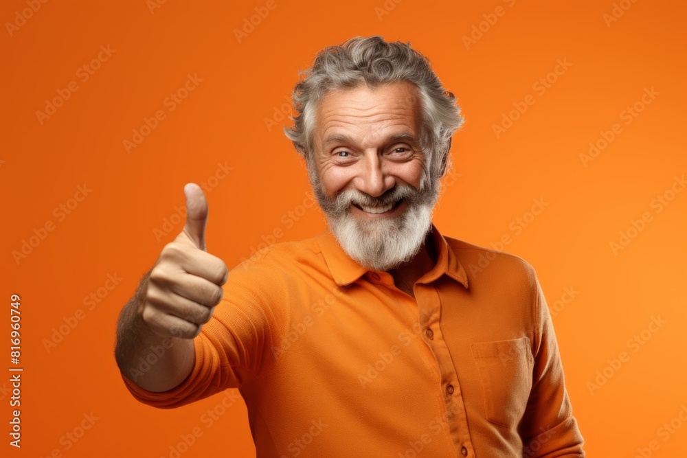 Naklejka premium Portrait of a smiling man in his 50s showing a thumb up over soft orange background