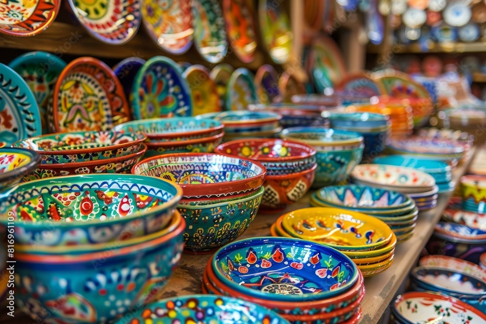 Vibrant handmade ceramic bowls and plates with intricate ethnic patterns
