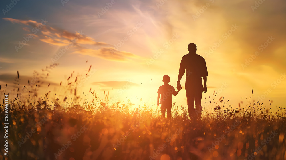 Silhouettes of a father and son holding hands on an autumn meadow at sunset. Symbolizes hope, togetherness, and unity. Suitable for International Migrants Day.