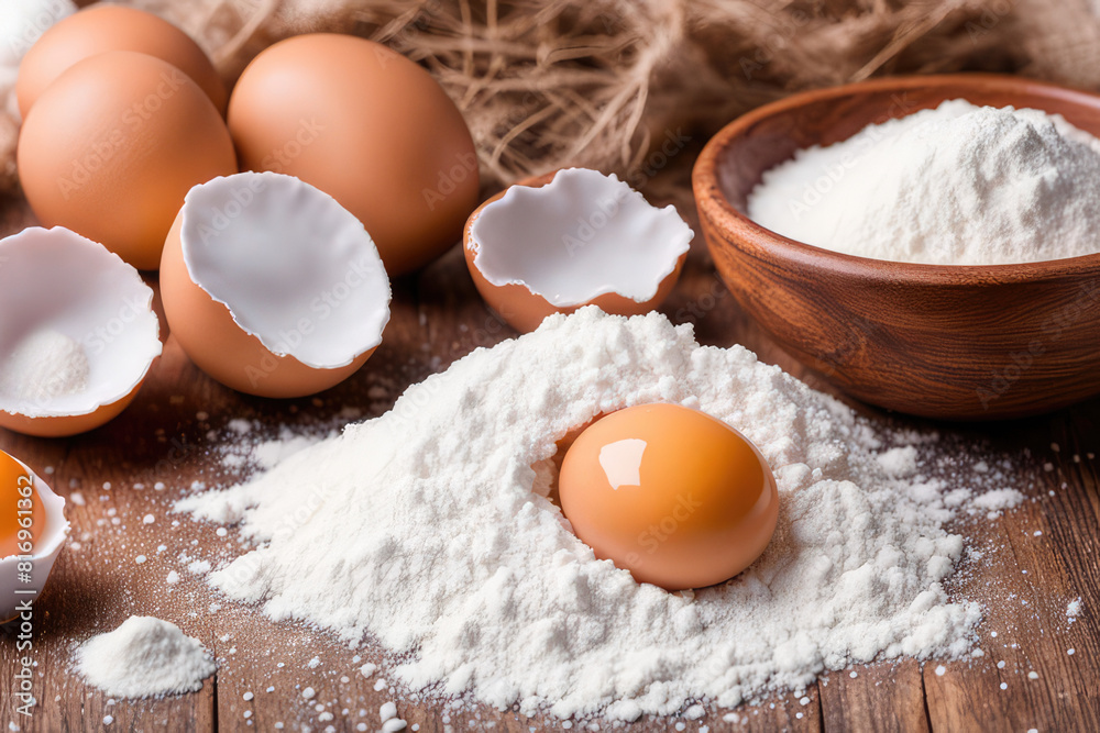 baking background with raw eggs, sugar and flour baking background with raw eggs, sugar and flour