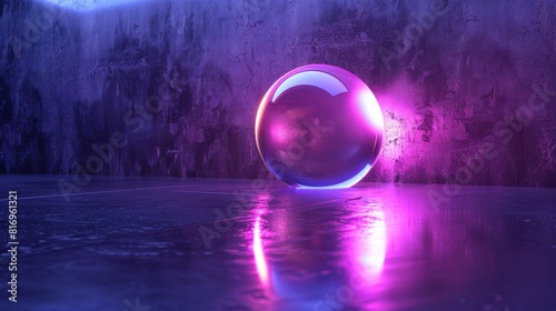 A glowing pink and purple orb sits on a reflective surface in a dark place.
