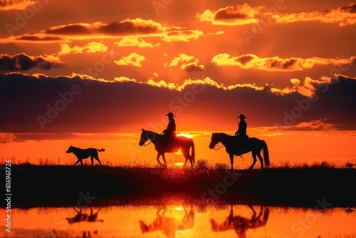 Golden Horizon  Horse Riders and Dog Silhouetted Against a Stunning Sunset